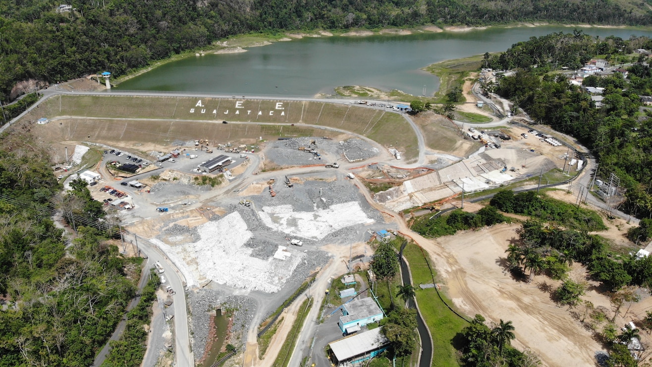 aerial image of Guajataca dam and spillway in Isabela, Puerto Rico.