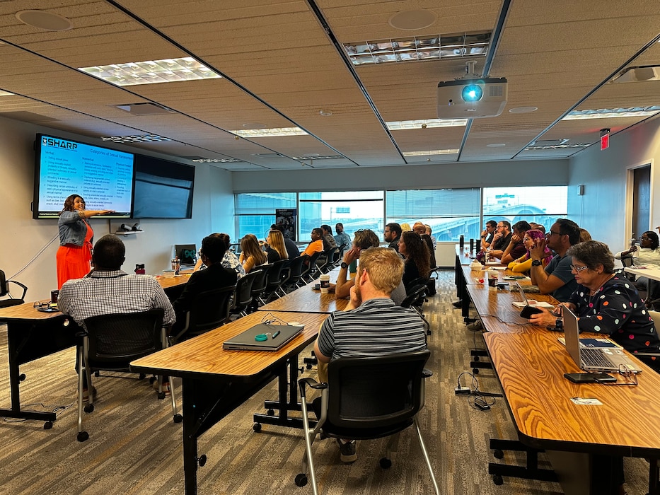 Mercedes Dayao, Regional Sexual Assault Response Coordinator, provides annual Sexual Harassment/Assault Response and Prevention (SHARP) refresher training. (USACE photo by Peggy Bebb)