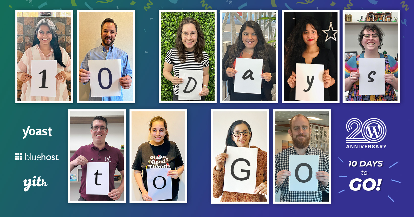 A collage with members of YITH, Yoast, and Bluehost with the phrase "10 days to go" for WordPress Anniversary.