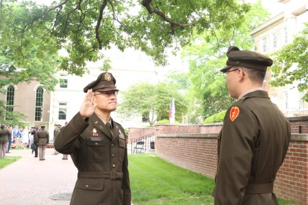 Chaplain (Lt. Col.) Daniel D. Kang welcomed his son 2nd Lt. Steven Shinyoung Kang into the Army officer ranks during the ceremony.  Chaplain Kang is the command chaplain for the 20th Chemical, Biological, Radiological, Nuclear, Explosives (CBRNE) Command, the U.S. military’s premier all hazards formation.