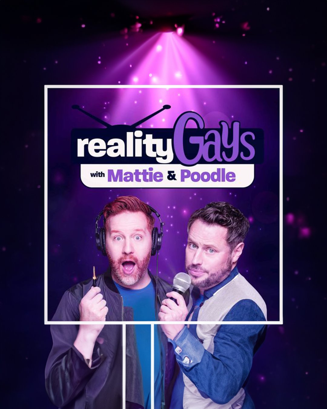 Cover art for Reality Gays podcast with additional context around the edges generated by AI.