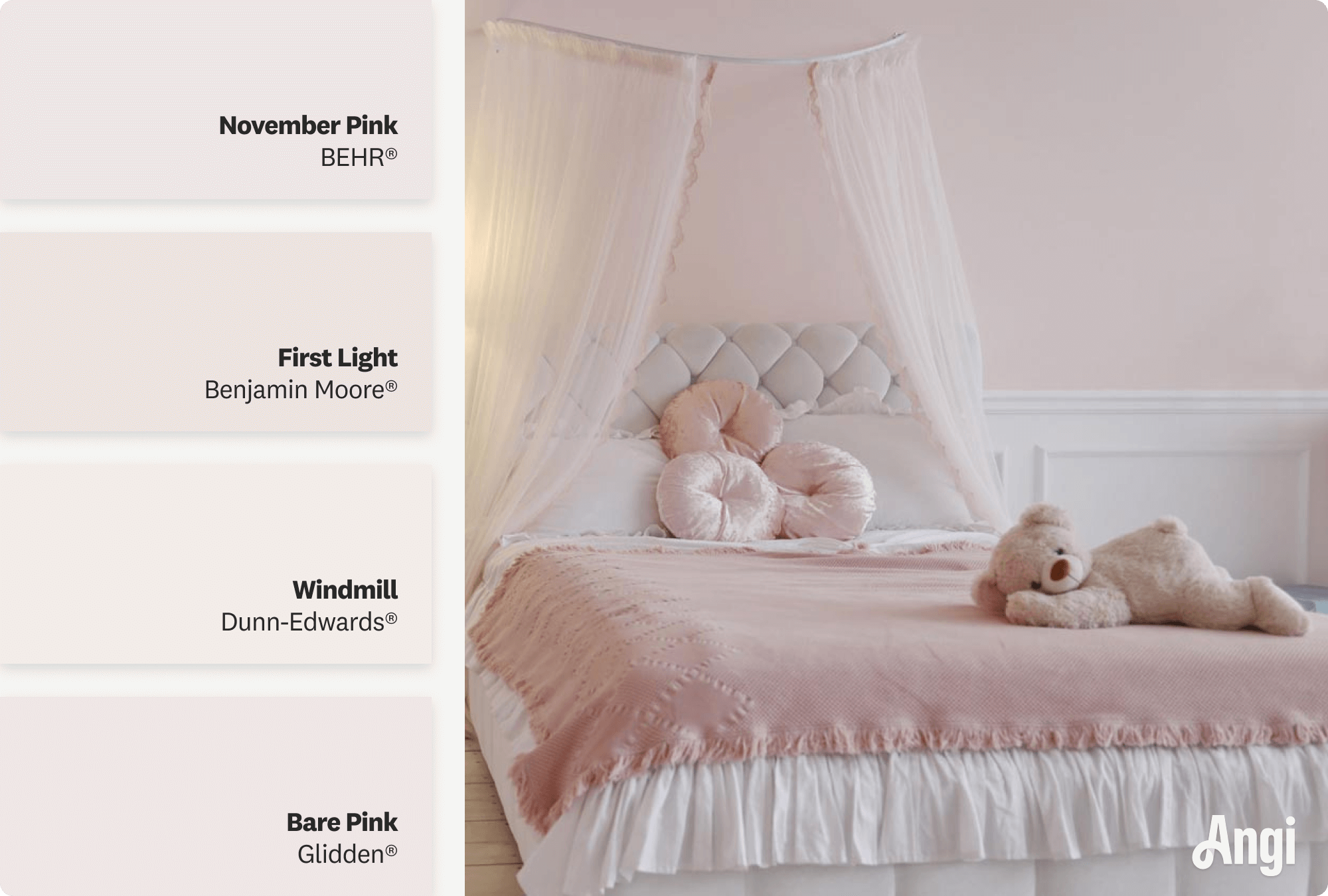 A kid’s bedroom with pink walls, including different tones of pink paint