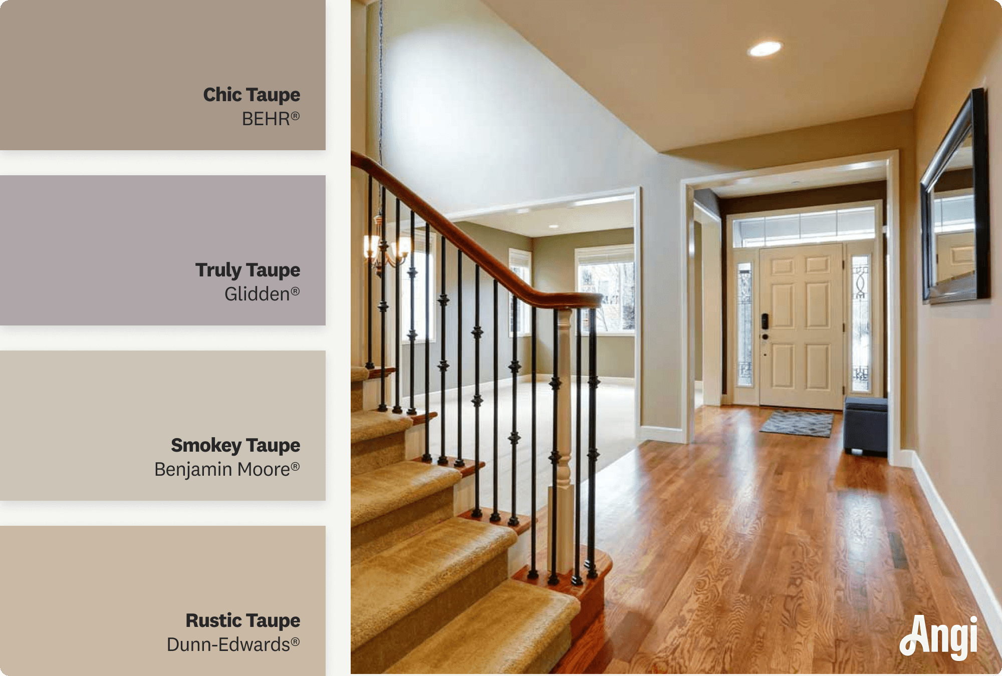 A taupe entrance hall with wooden floors, including different tones of taupe paint