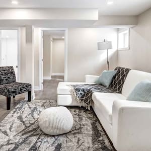 Finished basement with vinyl flooring and furniture