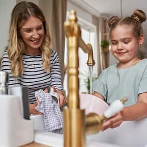Mom and daughter wash dishes at kitchen sink