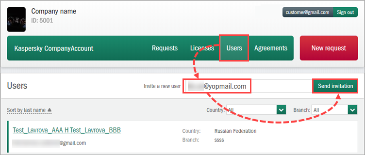 Inviting a user to the company in Kaspersky CompanyAccount 