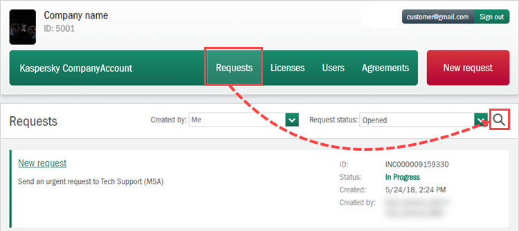 Searching for a request by Incident ID in Kaspersky CompanyAccount 