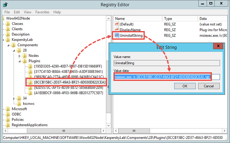 The UninstallString parameter in the Windows system registry 