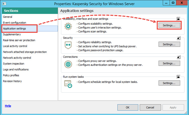 The Properties window of the Kaspersky Security for Windows Server policy