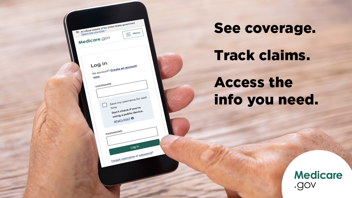 A hand holds a mobile phone while scrolling on the https://go.cms.gov/3IO8w1k account log-in page. Text reads "See coverage. Track claims. Access the info you need."