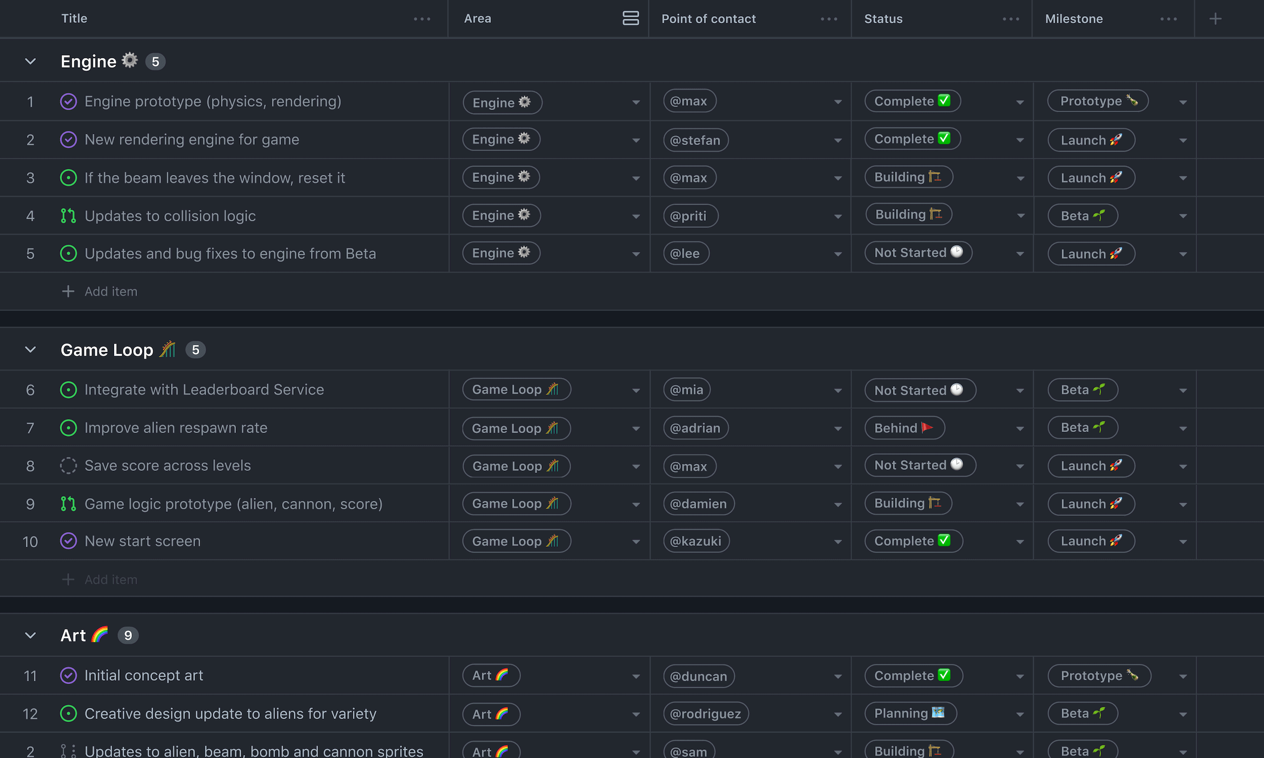 Illustration of project table view with cards grouped sorted by devleopment 'Area' custom field.