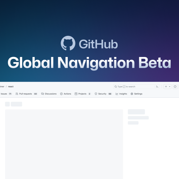 An image titled "GitHub Global Navigation Beta" that shows the top of a GitHub webpage that has the new navigation UI.