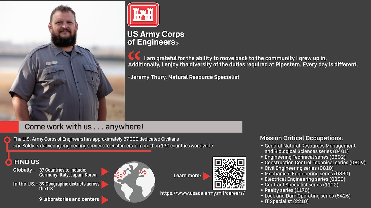 A man standing outside, surrounded by text:
“US Army Corps of Engineers.
“I am grateful for the ability to move back to the community I grew up in, Additionally, I enjoy the diversity of the duties required at Pipestem. Every day is different.” – Jeremy Thury, Natural Resource Specialist.
Come work with us…anywhere!
The U.S. Army Corps of Engineers has approximately 37,000 dedicated Civilians and Soldiers delivering engineering services to customers in more than 130 countries worldwide.
Find Us Globally – 37 Countries to include: Germany, Italy, Japan, Korea. In the US. – 39 Geographic districts across the US. 9 laboratories and centers.
Learn more: https://www.usace.army.mil/careers/
Mission Critical Occupations: General Natural Resources Management and Biological Sciences series (0401). Engineering Technical series (0802). Construction Control Technical series (0809). Civil Engineering series (0810). Mechanical Engineering series (0830). Electrical Engineering series (0850). Contract Specialist series (1102). Realty series (1170). Lock and Dam Operating series (5426). IT Specialist (2210).”