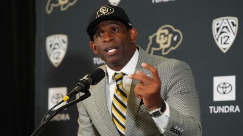 Dec 4, 2022; Boulder, CO, USA; Colorado Buffaloes head coach Deion Sanders speaks during a press conference at the Arrow Touchdown Club. Mandatory Credit: Ron Chenoy-USA TODAY Sports