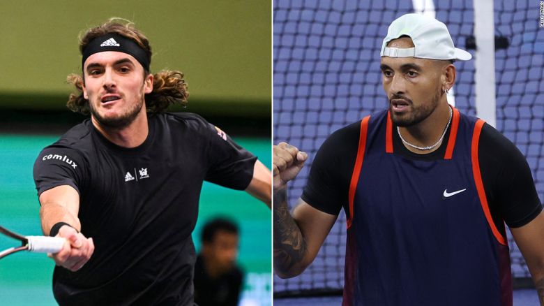 Left - Stefanos Tsitsipas of Greece returns the ball to Holger Rune of Denmark (not pictured) during the final man singles match of the ATP Stockholm Open tennis tournament in Stockholm, Sweden, on October 23, 2022. (Photo by Jonathan NACKSTRAND / AFP) (Photo by JONATHAN NACKSTRAND/AFP via Getty Images)

Right - NEW YORK, NEW YORK - SEPTEMBER 02: Nick Kyrgios of Australia celebrates after defeating J.J. Wolf of the United States during their Men's Singles Third Round match on Day Five of the 2022 US Open at USTA Billie Jean King National Tennis Center on September 02, 2022 in the Flushing neighborhood of the Queens borough of New York City. (Photo by Jamie Squire/Getty Images)