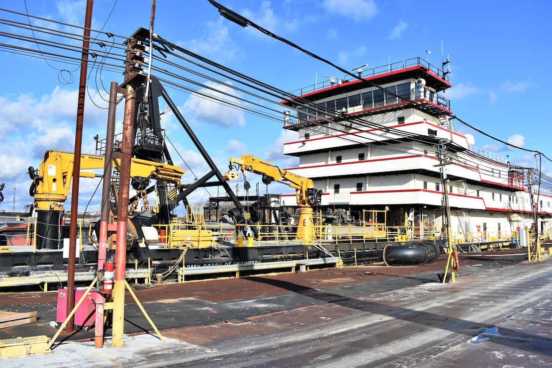 IN THE PHOTO, the Dredge Hurley is now docked at Ensley Engineer Yard after another long but successful season of dredging the Mississippi River. Adrian Pirani, Dredge Hurley master, said the crew successfully removed a little more than 8 million cubic yards of sediment this season. The season was shorter than last year due to the Hurley needing maintenance done, which required the Hurley be placed on a larger dry dock down south for a few months earlier this year. (USACE photos by Jessica Haas)