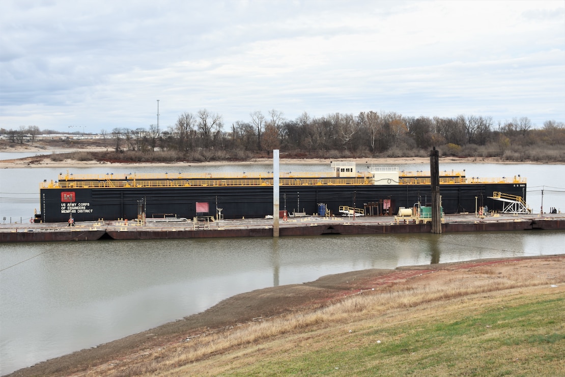 IN THE PHOTO, dry dock 5801 after it was serviced in Morgan City, Louisiana and back at Ensley Engineer Yard in Memphis, Tennessee. The dry dock was shipped to the Conrad Shipyard in Louisiana for repairs and maintenance in June 2019. The dock has been operating since 1958. (USACE photos by Jessica Haas)