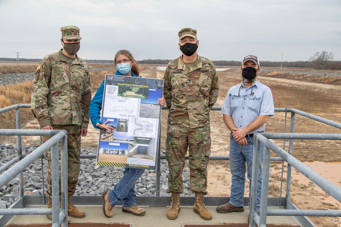 IN THE PHOTO, Memphis District Commander Col. Zachary Miller and other district leaders hosted the Senior Official Performing the Duties of the Assistant Secretary of Army (Civil Works), Mr. Vance Stewart, and USACE's Deputy Commanding General for Civil and Emergency Operations, Maj. Gen. William (Butch) H. Graham, on March 11, 2021. During his tour, Graham stopped by the Grand Prairie Project to learn more about conserving groundwater resources throughout the region and is briefed by subject matter experts on the project and what is needed to complete the project, preserve groundwater, and save life, land and agriculture for many more years to come. (USACE Photo by Vance Harris)