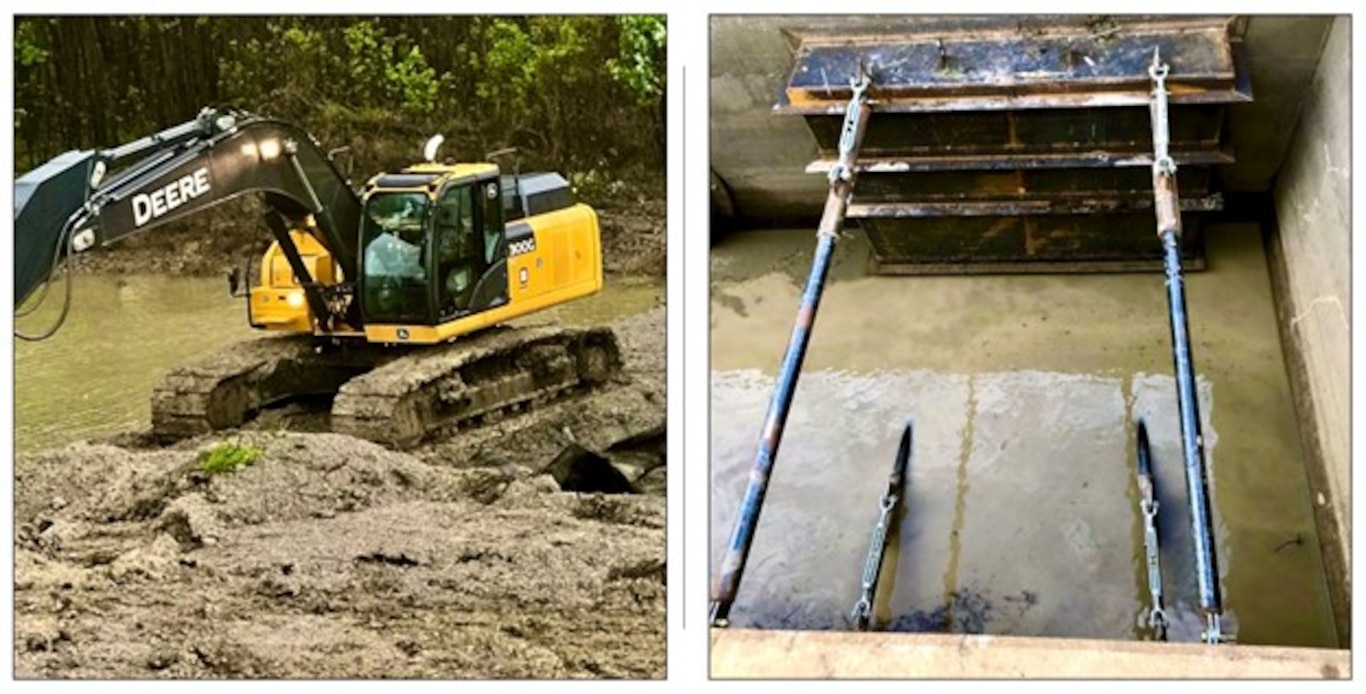 The Memphis District's Revetment Branch and Metals Units recently finalized a flapgate repair on what’s called the “Fritz Landing Culvert” in Lake County, Tennessee, in August 2022. 

“In 2021, the flapgate on the river side end of one of the culverts became loose, fractured, and fell off,” Project Manager Mark Mazzone said. “The flapgates ensure that flood water cannot back up through the culverts. They also provide the actual protection against flooding through culvert openings in the levee.”  

To repair the flapgates, construction involved building temporary cofferdams, pumping standing water to access the end of the culvert, fabrication and installation of temporary structures, and fabrication/installation of a replacement collar and supporting structure. (Courtesy photos)