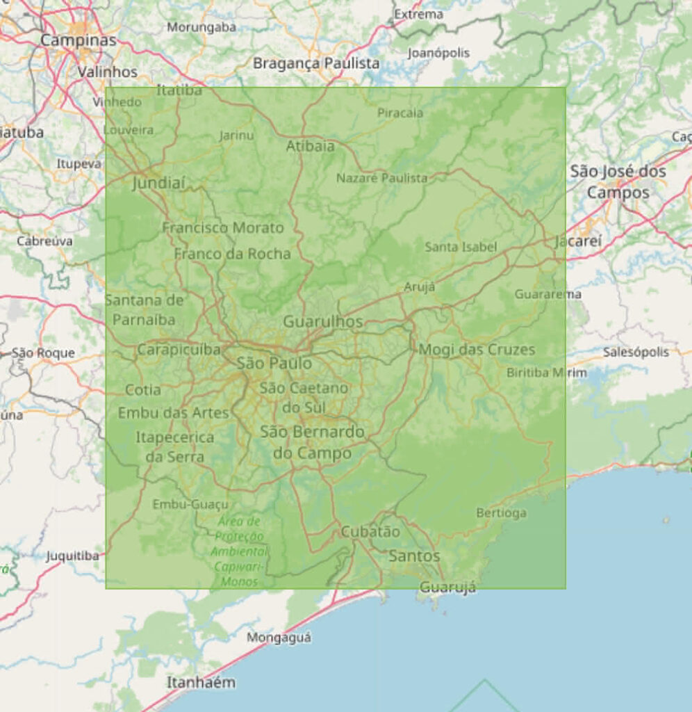 A rectangle superimposed on a map of São Paulo. It completely covers the city and its surrounding metropolitan area, extending almost as far as Campinas, a nearby city.