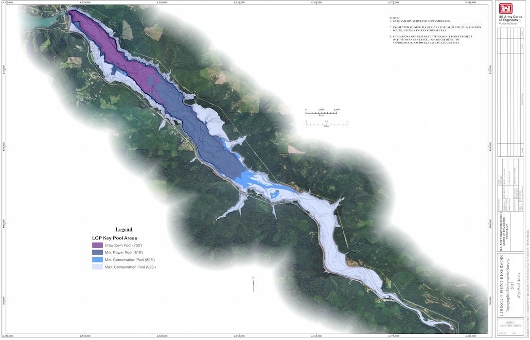 A map shows the Lookout Point reservoir, with different color coding that shows smaller and smaller areas the reservoir will fill as the water is drawn down to comply with injunction measures.