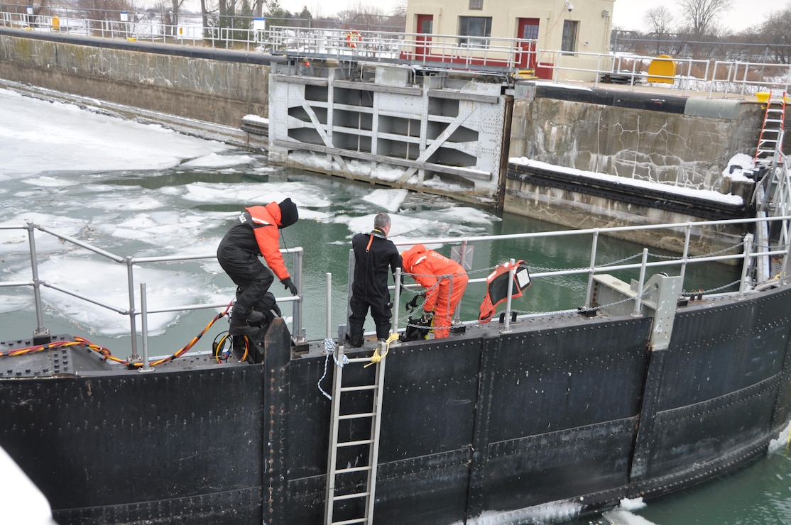 In preparation of the upcoming maintenance, the U.S. Army Corps of Engineers, Buffalo District Dive Team ventured under the water in the Black Rock Lock to seal off the lock chamber.  