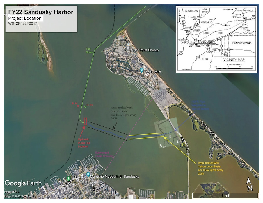 Overhead visual of the Sandusky Harbor noting pump out location, buoys, pipes and Tugboat routes.