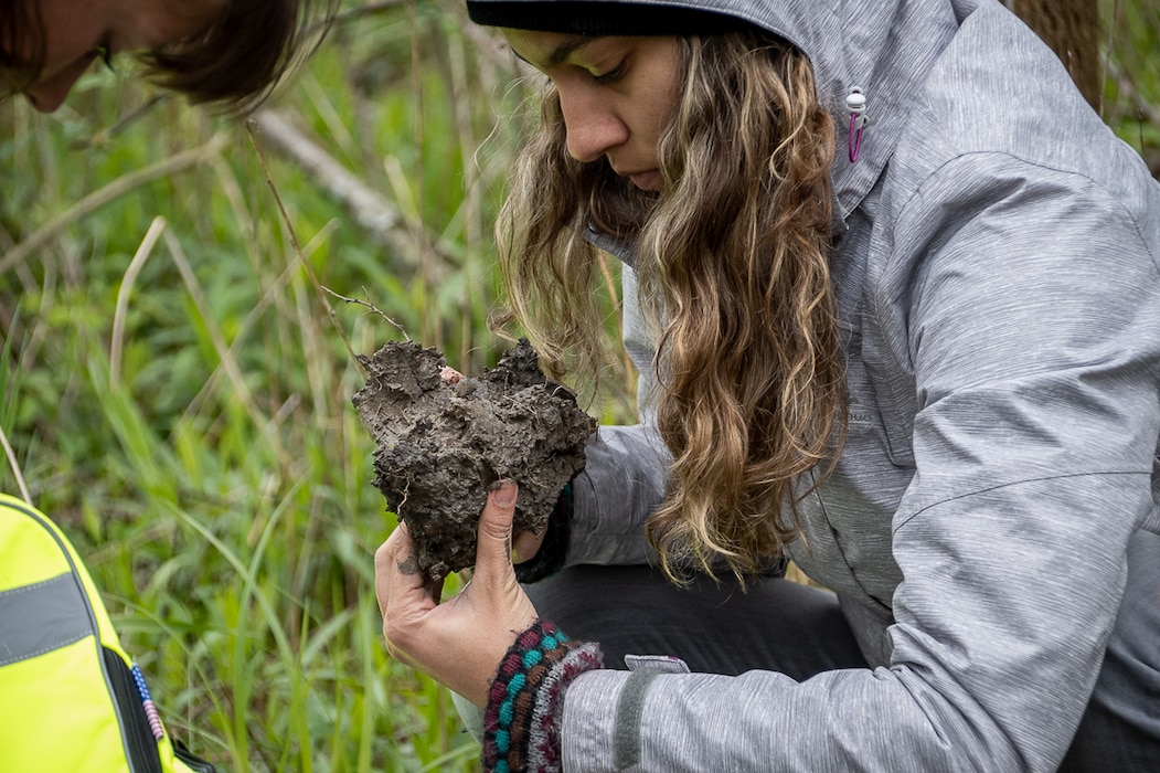 Juliana Gomez of the Environmental Protection Agency Region 9 and Sam Knapp from the USACE Buffalo District's Oak Harbor field office examine soil to determine if the factors presented in the soil are conducive to those of a wetland. (U.S. Army Photo by Andre' M. Hampton)