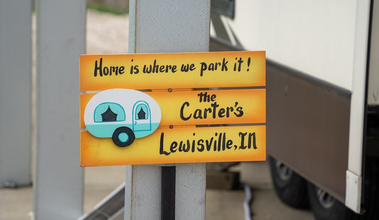 Tim and Margie Carter help with various tasks, like landscaping, to help maintain the property at Patoka Lake in exchange for being able to park and connect their 38-foot camper there.