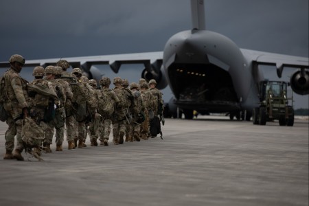 U.S. Army Soldiers assigned to the 549th Military Police Company, 385th Military Police Battalion, 16th Military Police Brigade load a C-17 Globemaster III during an Emergency Deployment Readiness Exercise on Fort Stewart, Georgia, July 10, 2023. Emergency Deployment Readiness Exercises test units’ ability to rapidly deploy to support contingency operations that may include crisis response, humanitarian assistance, non-combatant evacuation operations, disaster relief operations, and other missions.