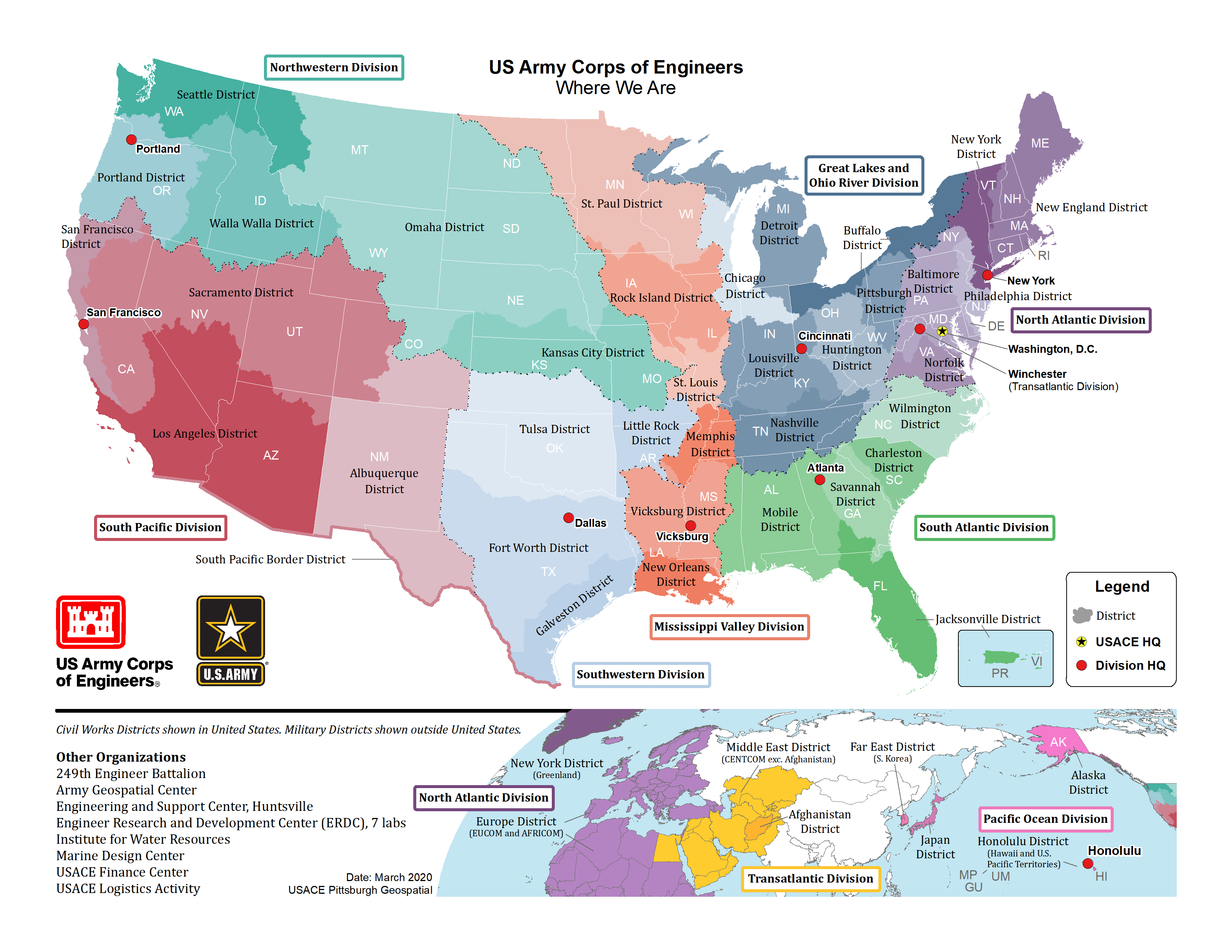 Map Showing the location of USACE Division and Districts around the world