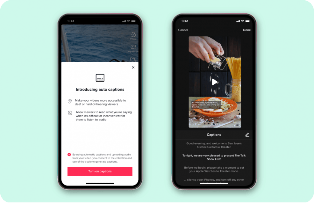 2 iPhone tens, one of the introduction screen for TikTok's auto captions, another with auto-generated captions creators can edit before posting their video