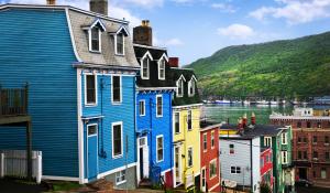 Street with colorful houses near the ocean in St. Johns, Newfoundland, Canada