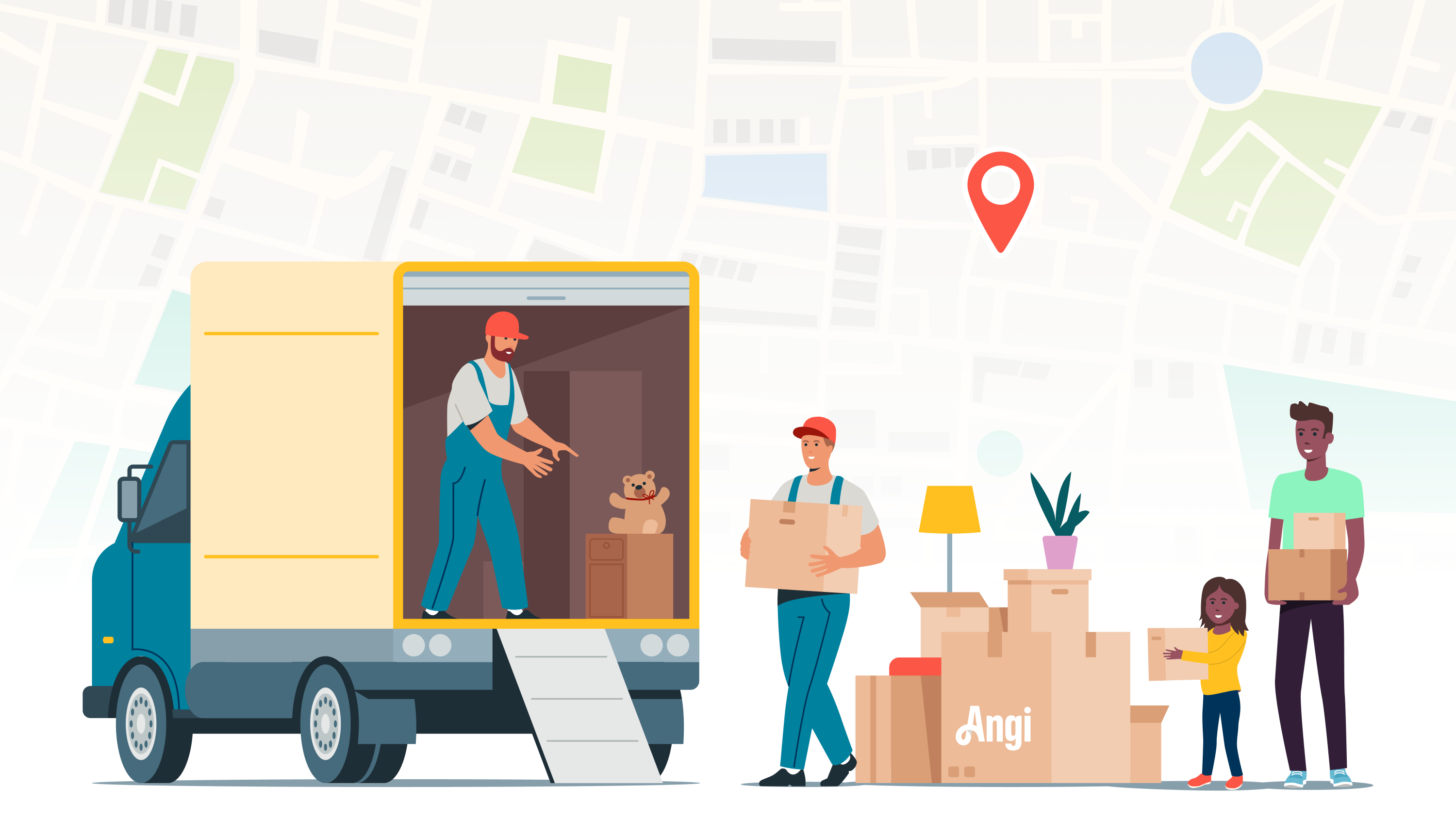 Illustration of movers packing a families boxes into a moving truck