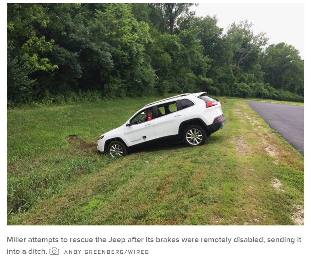 Jeep Cherokee smart car remotely hacked by Charlie Miller and Chris Valasek. The image originally appeared in Wired