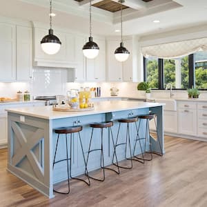 White kitchen with blue island