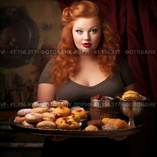 Young chubby woman holding a tray of junk food