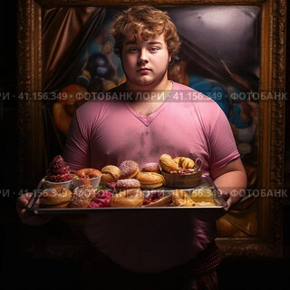 Young fat man holding a tray of junk food