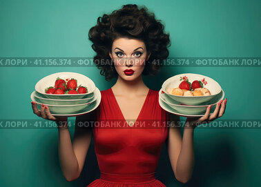 Beautiful young woman holding trays of junk food in her hands