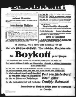 This poster from Munich, Germany, proclaims the April 1, 1933, boycott of Jewish-owned businesses and services offered by Jewish professionals. It calls on all Germans to honor the boycott, which began at 10 a.m. The poster was signed by the radical Nazi antisemite, Julius Streicher, official organizer of the boycott.