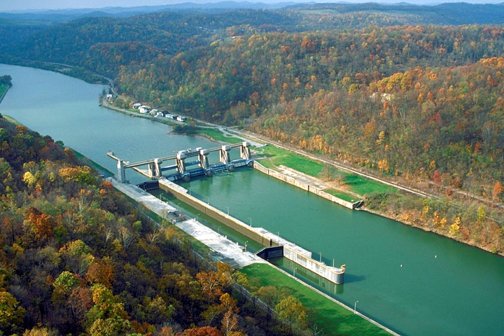 Aerial view of Opekiska Lock and Dam