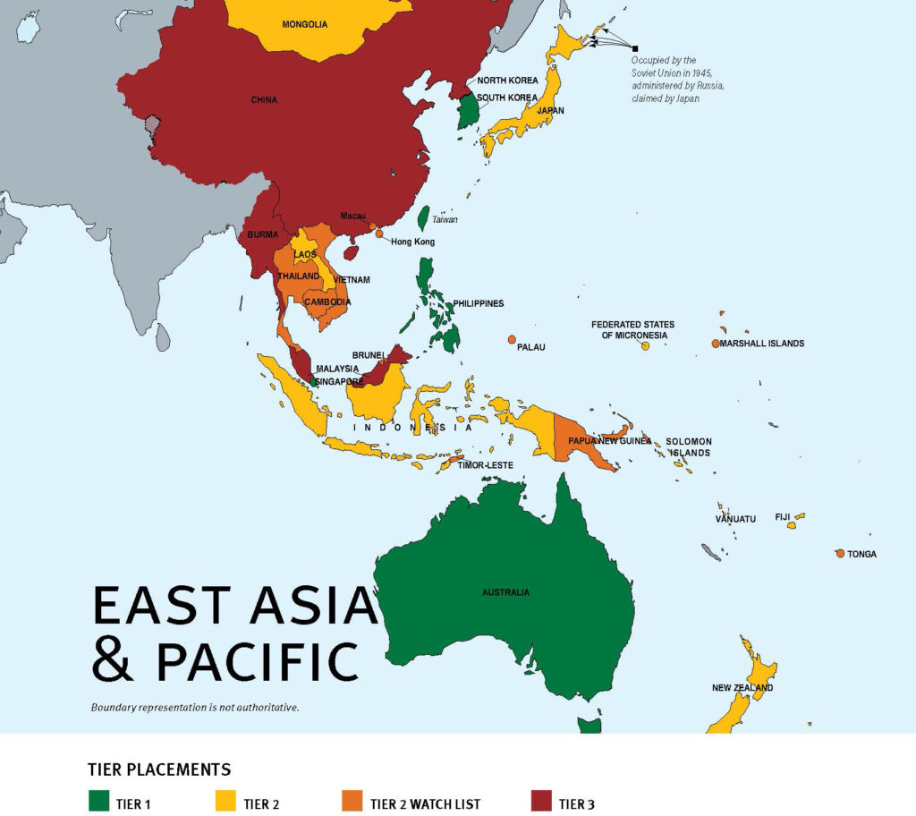 2021 Trafficking in Persons Regional Map: East Asia & Pacific – Tier Placements: Tier 1 (green), Tier 2 (yellow), Tier 2 Watch List (orange), Tier 3 (red). Boundary representation is not authoritative.