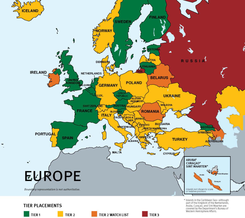 2021 Trafficking in Persons Regional Map: Europe – Tier Placements: Tier 1 (green), Tier 2 (yellow), Tier 2 Watch List (orange), Tier 3 (red). Boundary representation is not authoritative. * Islands in the Caribbean Sea—although part of the Kingdom of the Netherlands, Aruba, Curaçao, and Sint Maarten are covered by the Department’s Bureau of Western Hemisphere Affairs.