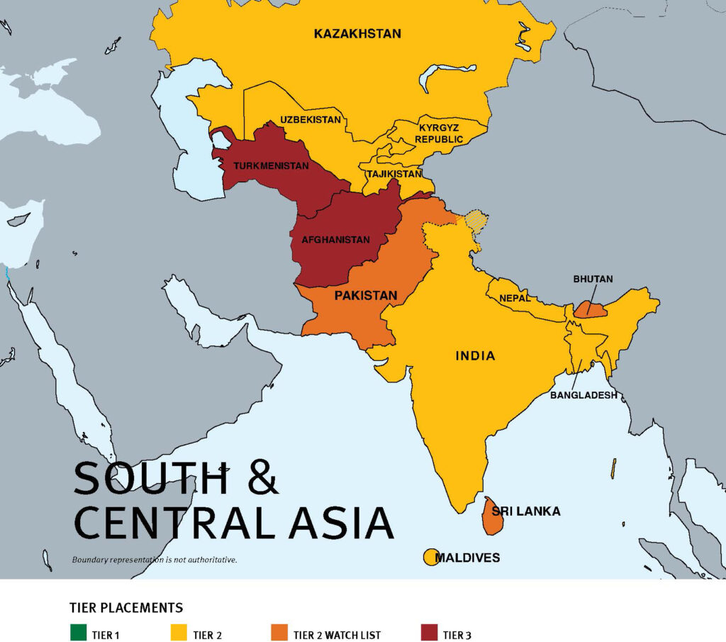 2021 Trafficking in Persons Regional Map: South & Central Asia – Tier Placements: Tier 1 (green), Tier 2 (yellow), Tier 2 Watch List (orange), Tier 3 (red). Boundary representation is not authoritative.