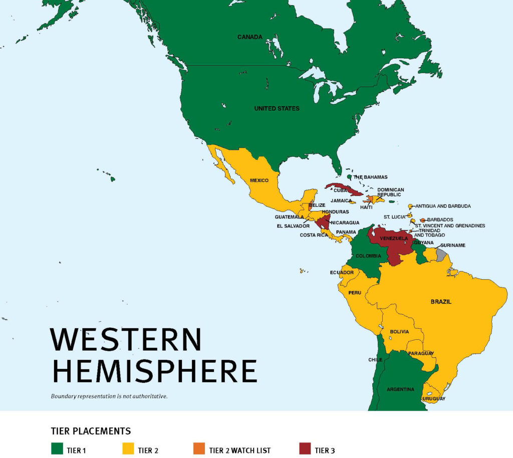2021 Trafficking in Persons Regional Map: Western Hemisphere – Tier Placements: Tier 1 (green), Tier 2 (yellow), Tier 2 Watch List (orange), Tier 3 (red). Boundary representation is not authoritative.