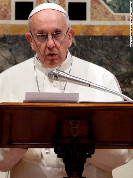 Pope Francis delivers his speech to diplomats accredited to the Holy See, during an audience for the traditional exchange of New Year greetings, in the &quot;Regia&quot; hall at the Vatican, on January 8, 2018.  / AFP PHOTO / POOL / Andrew Medichini        (Photo credit should read ANDREW MEDICHINI/AFP/Getty Images)