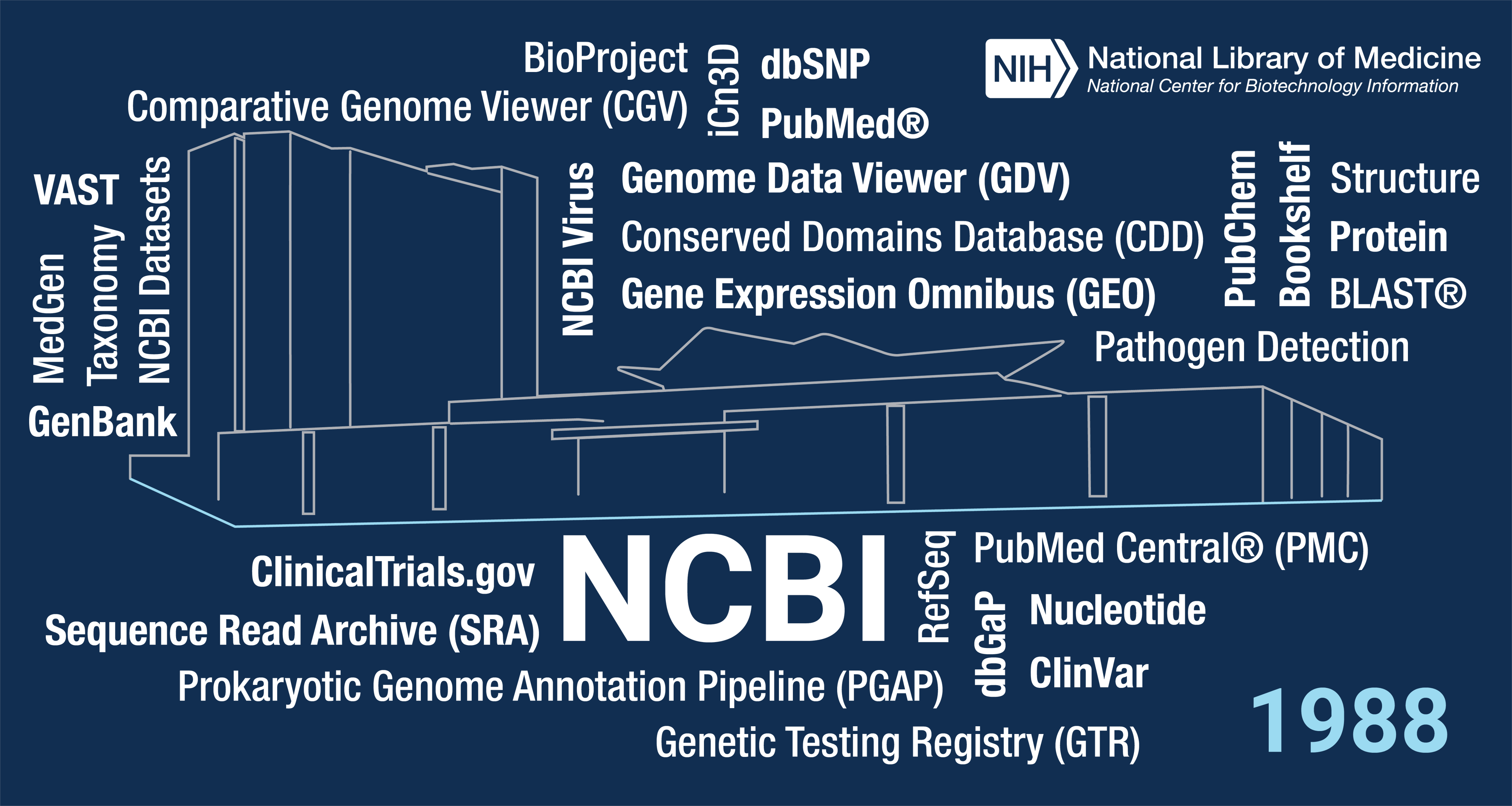 Graphic that says NCBI 1988 and includes a word cloud of our programs and services