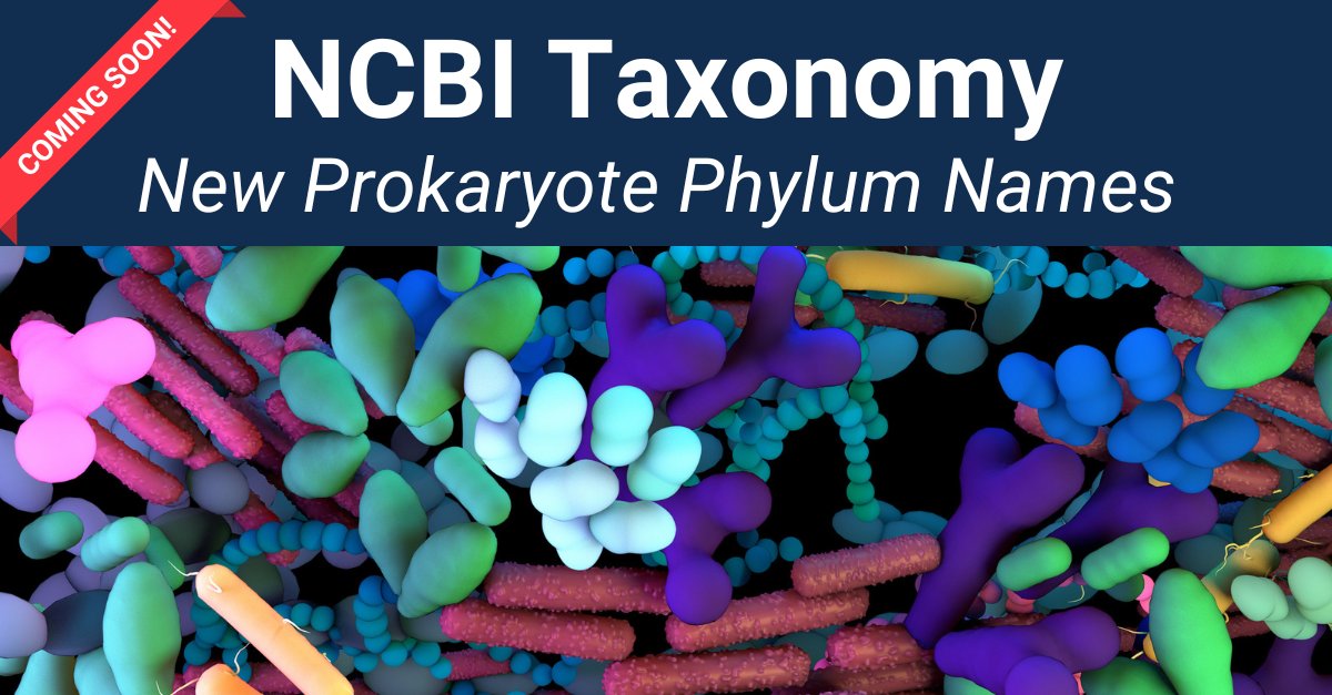 Background of colorful prokaryotic organisms. Text says: "Coming soon, NCBI Taxonomy, New Prokaryotic Phylum Names" 