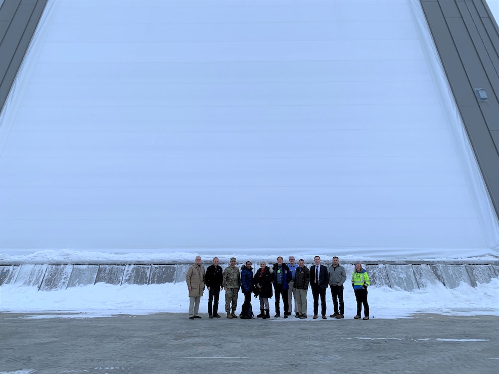 Senior leaders for the U.S. Army Corps of Engineers – Alaska District pause to view the face of the newly constructed long range discrimination radar during a tour of the mission control facility on Dec. 6 at Clear Space Force Station in Alaska.