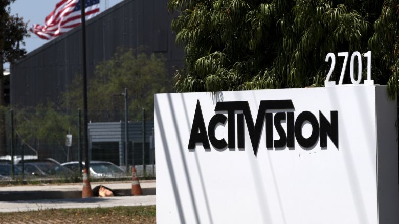 FILE - A sign outside the Activision building in Santa Monica, Calif., June 21, 2023. Microsoft revamped its bid to buy video game maker Activision Blizzard on Tuesday Aug. 22, 2023, to appease British competition regulators, who are the last major hurdle to closing one of the biggest deals in tech history. (AP Photo/Richard Vogel, File)